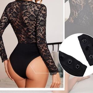 NWTIP SZ M Avidlove Lace Bodysuit Women Long Sleeve V Neck BodySuit Black Thong